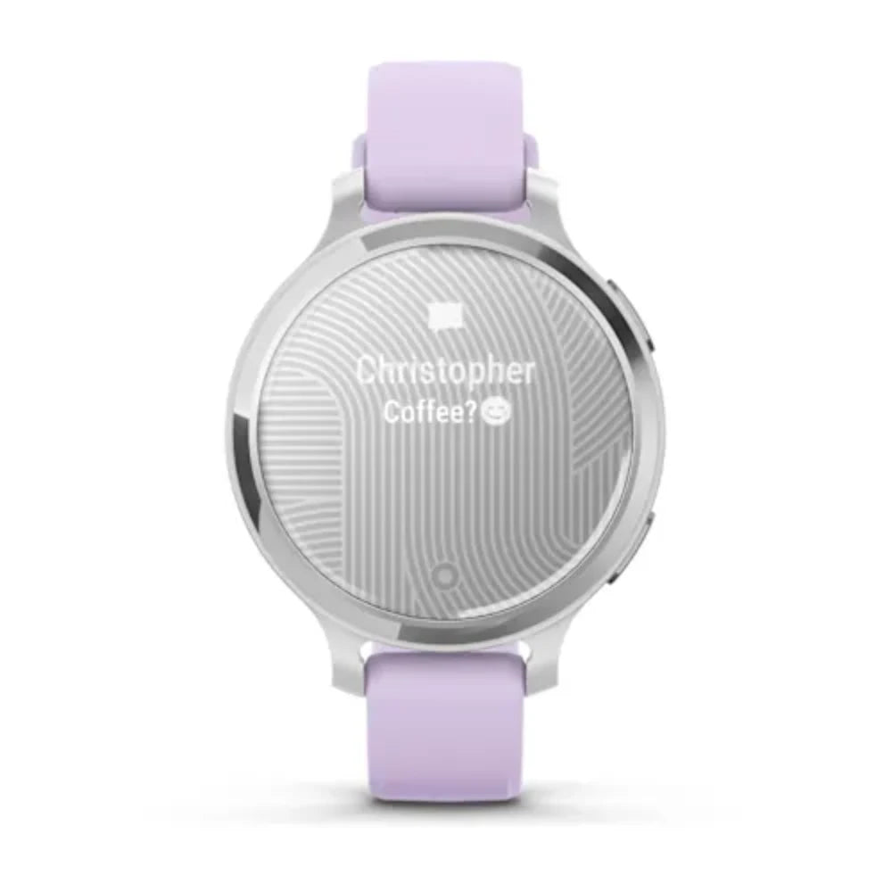Garmin Lily 2 Active 38mm smartwatch with silver case, lavender purple silicone band, and textured dial displaying personalized text