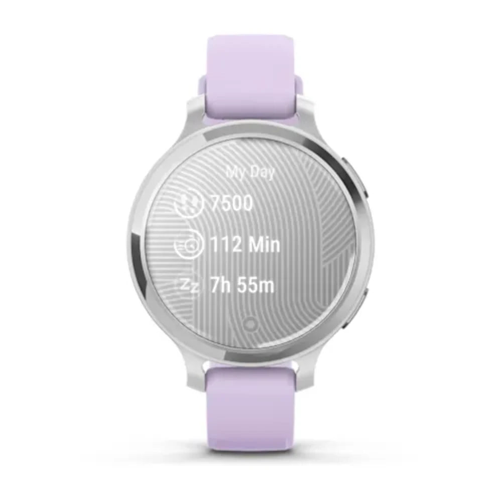 Garmin Lily 2 Active 38mm smartwatch with silver case and lavender purple silicone band displaying daily activity metrics including steps, heart rate and sleep data on textured dial