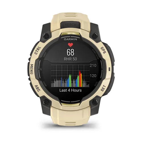 Garmin Instinct 3 45mm AMOLED smartwatch with citrine yellow bezel and black band displaying heart rate monitor graph showing 68 BPH and last 4 hours data