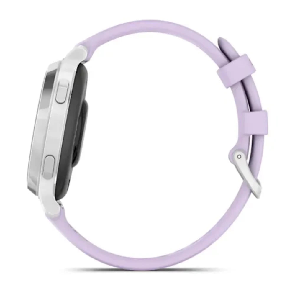 Garmin Lily 2 Active 38mm smartwatch with white case and lavender purple silicone band displayed against white background showing side profile view