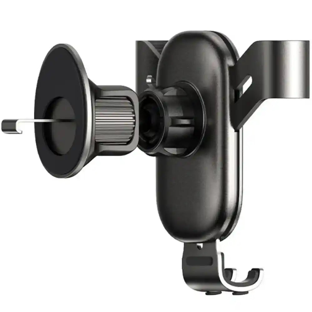 Black universal car phone holder with adjustable gripper arms and air vent mount clip, featuring metal construction and rotating mechanism for dashboard or windshield installation