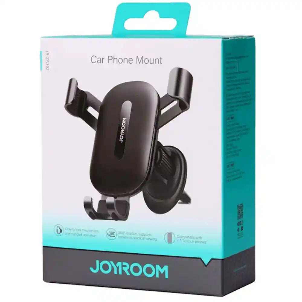 Joyroom HL-ZS392 universal car phone mount in black with adjustable grip arms, displayed in turquoise and gray retail packaging showing 360-degree rotation and dashboard vent mounting features