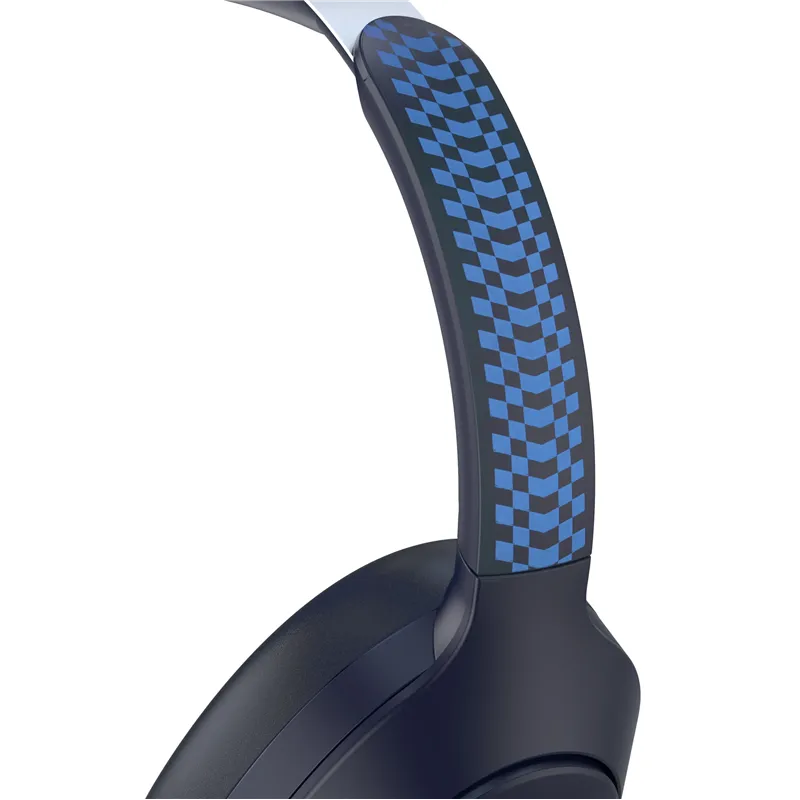 Red Bull Racing over-ear Bluetooth foldable headphones with blue checkered pattern on ear cups and black body, displayed at an angle showing the curved headband design
