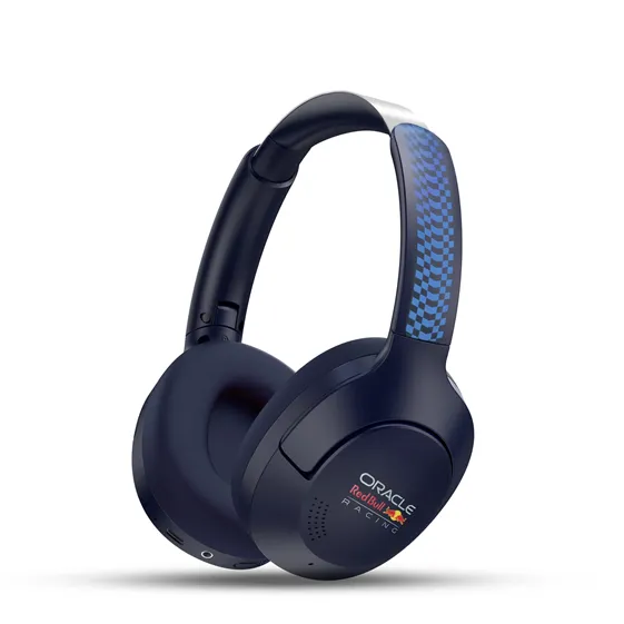Red Bull Racing blue and black over-ear Bluetooth foldable headphones with carbon fiber pattern on headband and Red Bull branding on ear cup