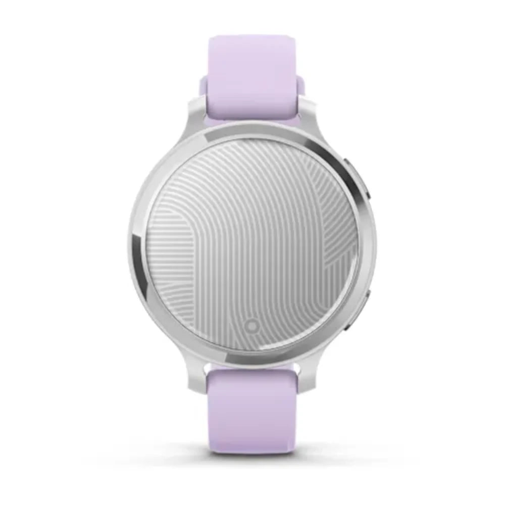 Garmin Lily 2 Active 38mm smartwatch with silver case, lavender silicone band, and circular dial featuring wave pattern display