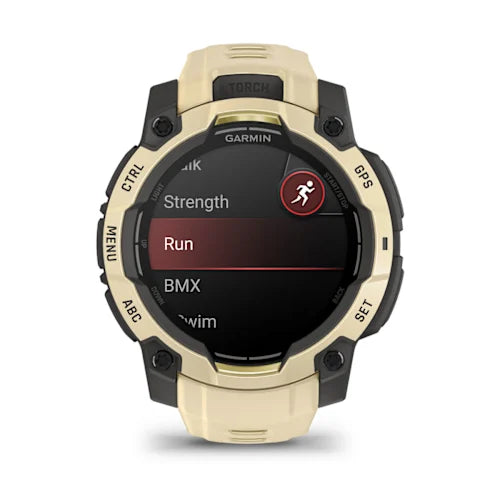 Garmin Instinct 3 smartwatch with 45mm AMOLED display in citrine yellow and black showing fitness menu with Run, Strength, BMX and Swim options