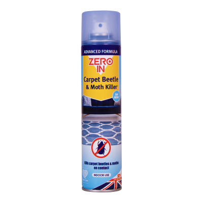 Zero In Carpet Beetle and Moth Killer 300ml aerosol spray can with blue and yellow label featuring product name and carpet pattern imagery on white background