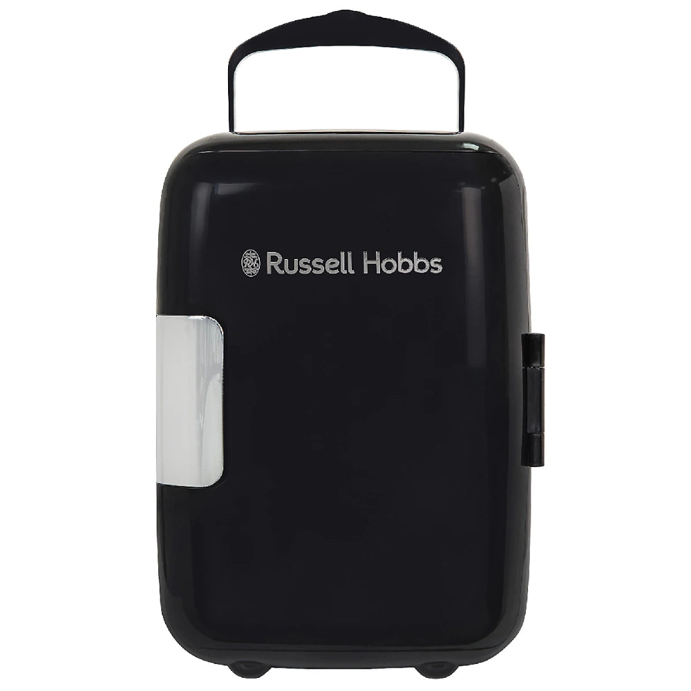 Russell Hobbs black 4 litre portable mini cooler and warmer with white door panel and carrying handle front view product image