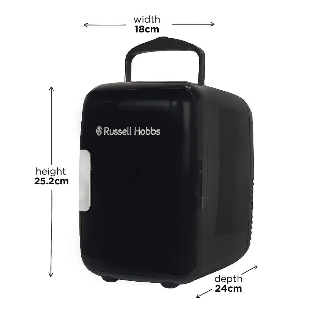 Russell Hobbs 4 litre portable mini cooler warmer in black with dimensions width 18cm height 25.2cm depth 24cm showing handle and grey accent panel on front