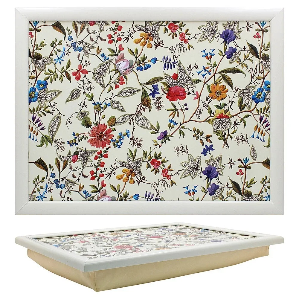 William Kilburn floral print lap tray with white frame and wooden base featuring multicolored botanical design with blue purple red and orange flowers on cream background