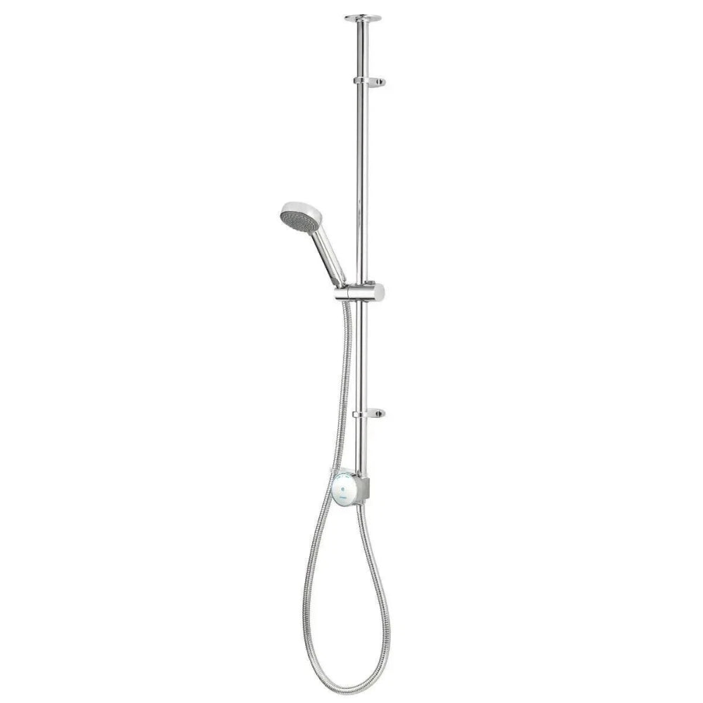 Aqualisa Quartz Blue Smart Digital Shower System with chrome finish pole, overhead rainfall showerhead, hand shower with flexible hose, and digital control unit mounted on vertical rail
