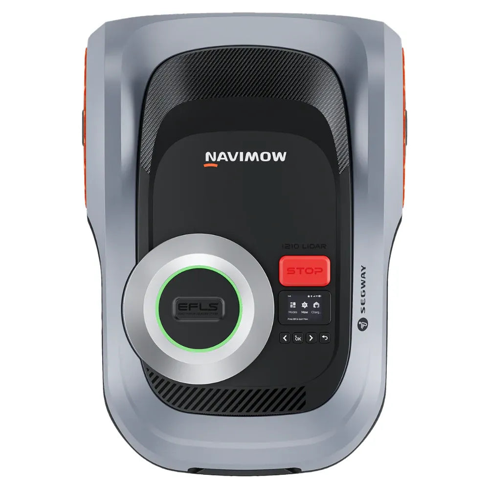 Top-down view of Segway Navimow i210 LiDAR robot lawn mower with gray and black body, green EFLS circular button, red STOP button, and control panel on dark interface, designed for 1000m2 lawn coverage