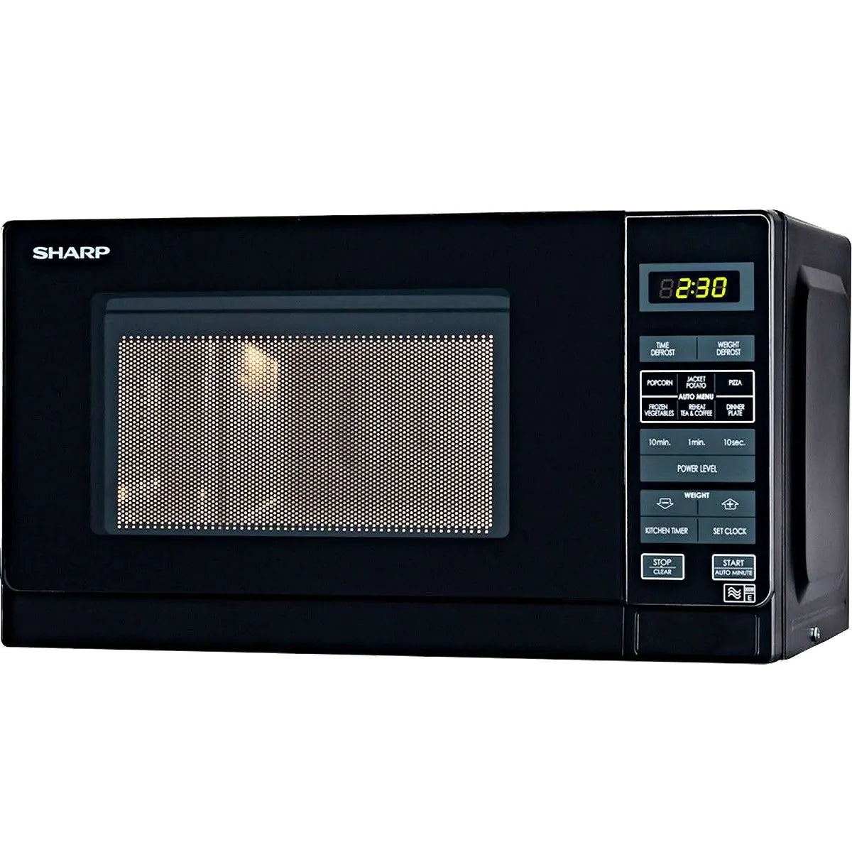 Black Sharp microwave oven on a white background