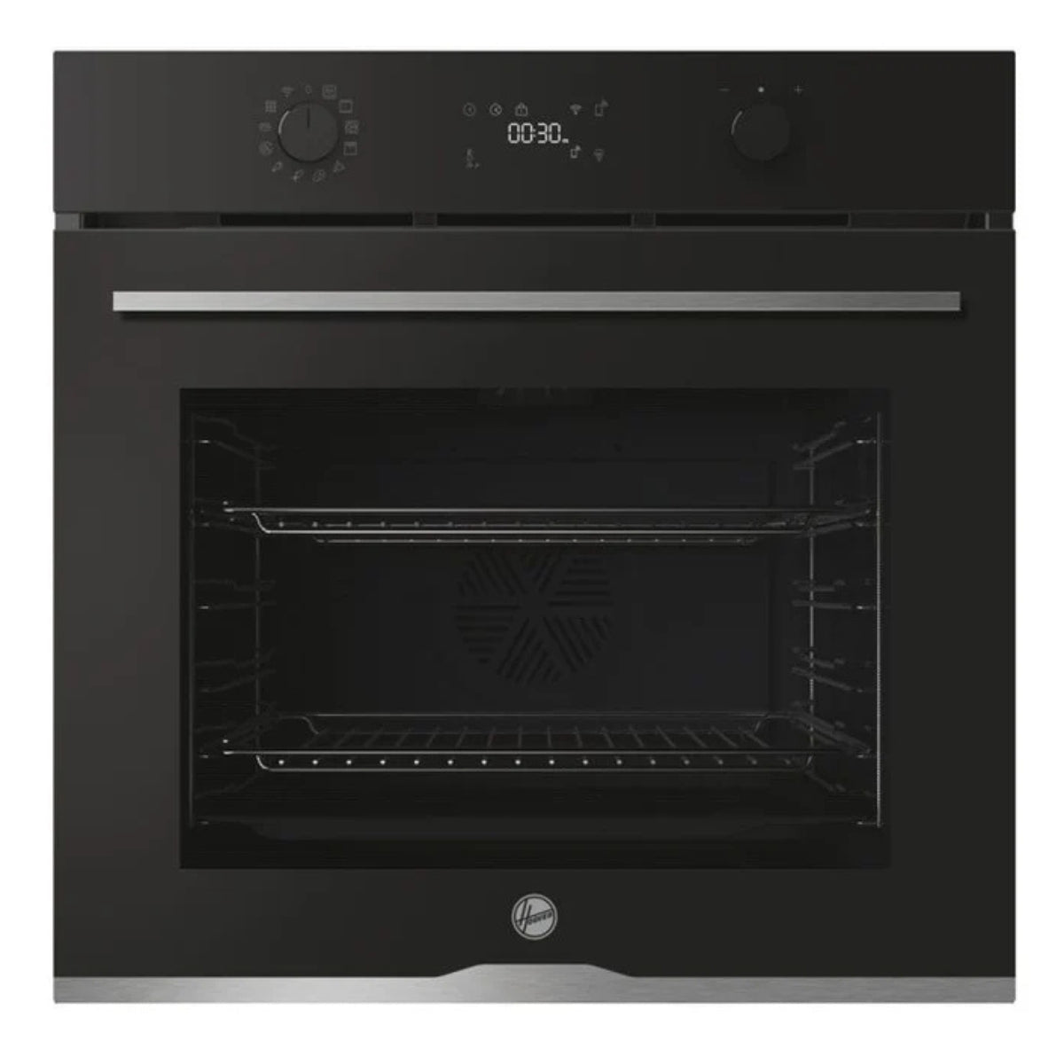 Black oven with digital display on a white background