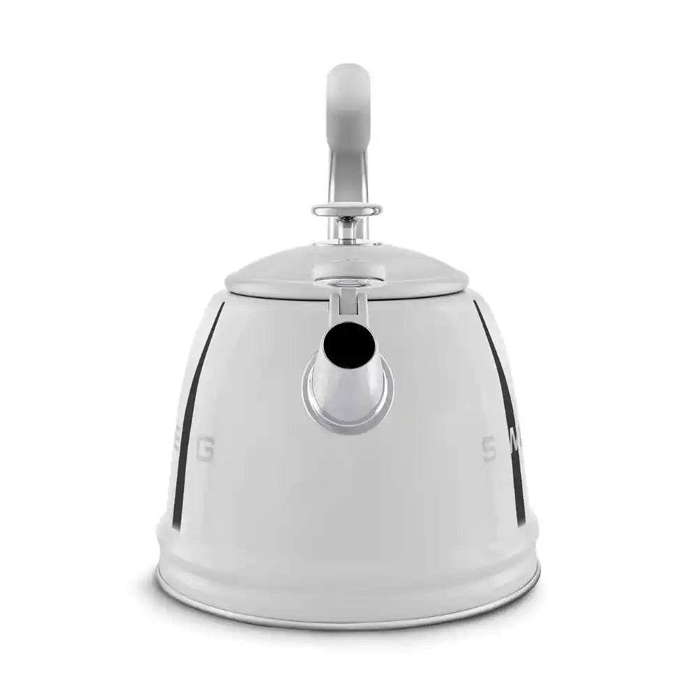 Smeg 50s Style Stovetop Whistling Kettle in stainless steel with white enamel coating, featuring a chrome spout, handle, and lid with black accents, displayed against a white background