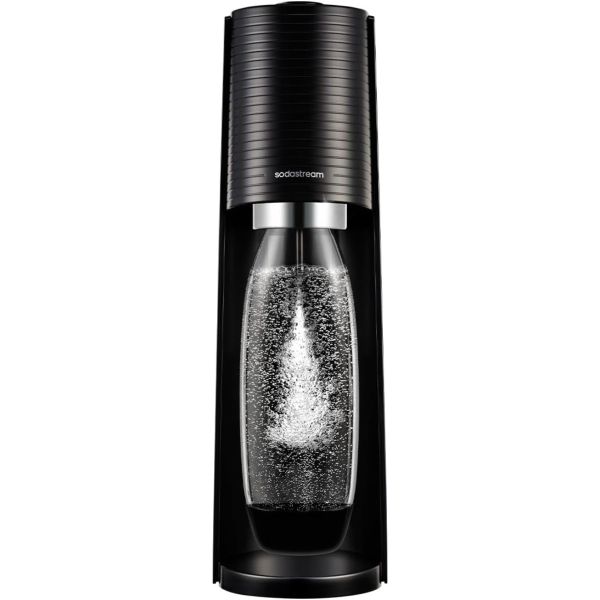 SodaStream E-Terra black sparkling water maker with carbonated water in glass bottle and chrome accents