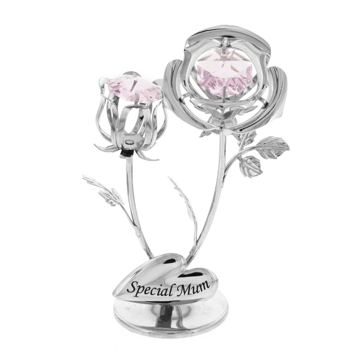 Silver rose-shaped figurine with pink gemstones and 'Special Mum' inscription on a white background