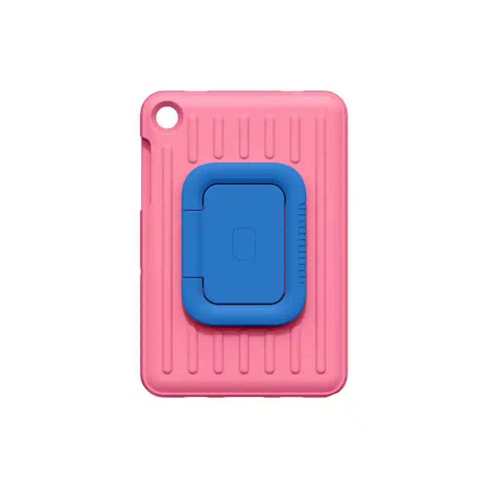 Samsung Galaxy Tab A11+ Kids Cover in pink with blue carrying handle, featuring vertical ribbed texture and rounded corners for Samsung tablets