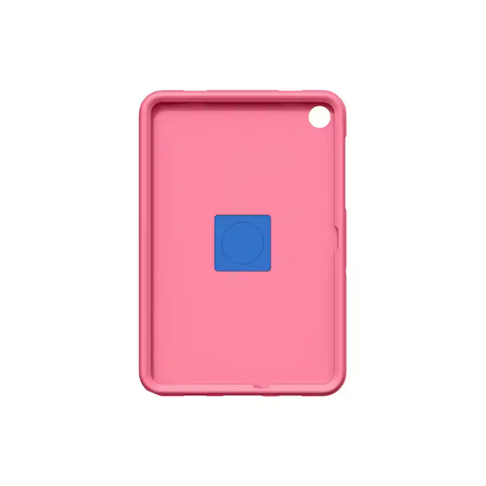 Pink silicone protective case for Samsung Galaxy Tab A11+ with blue circular stand grip on back, featuring rounded edges and camera cutout hole in top right corner