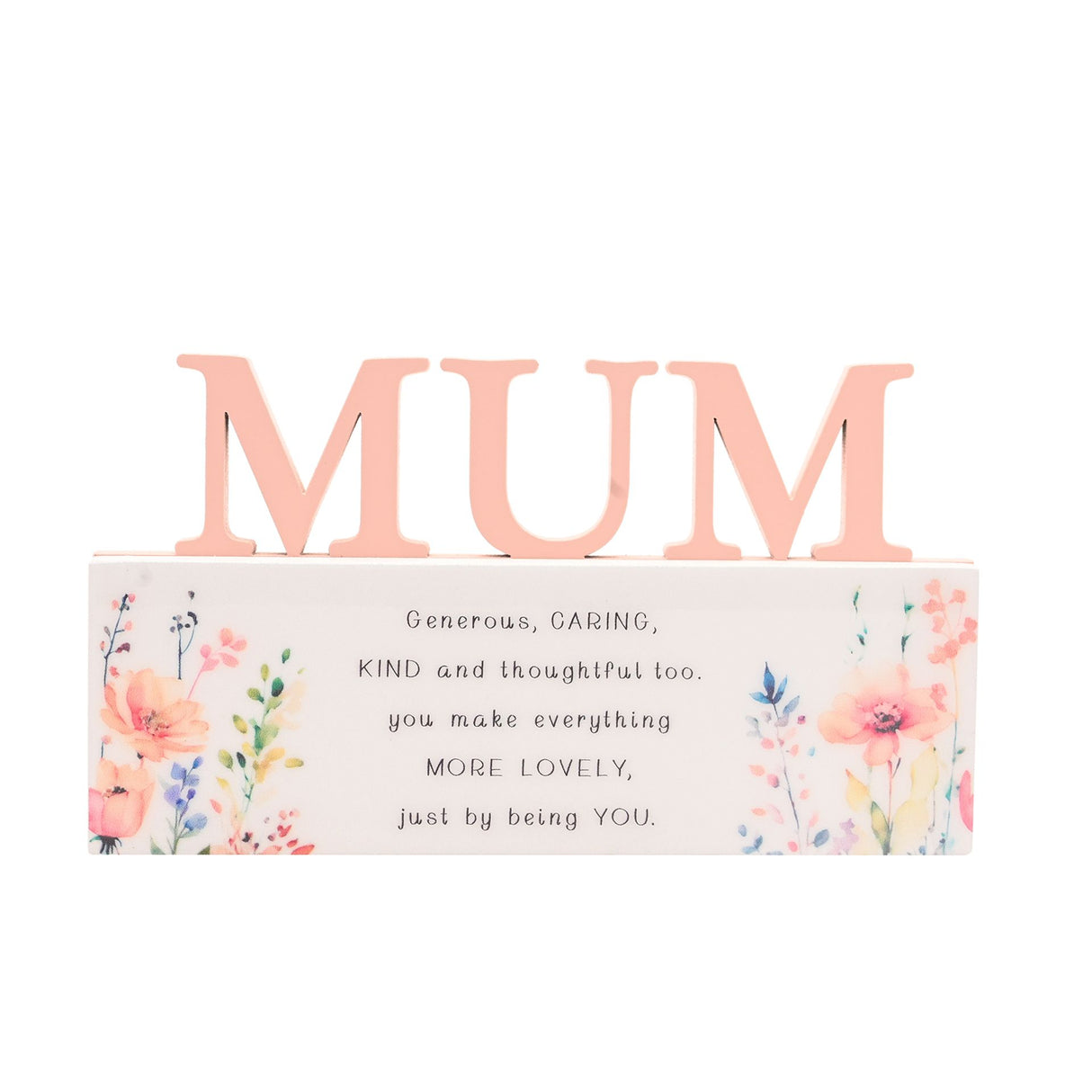 Peach pink wooden MUM letter decoration with floral base plaque featuring watercolor flowers and inspirational message for mothers