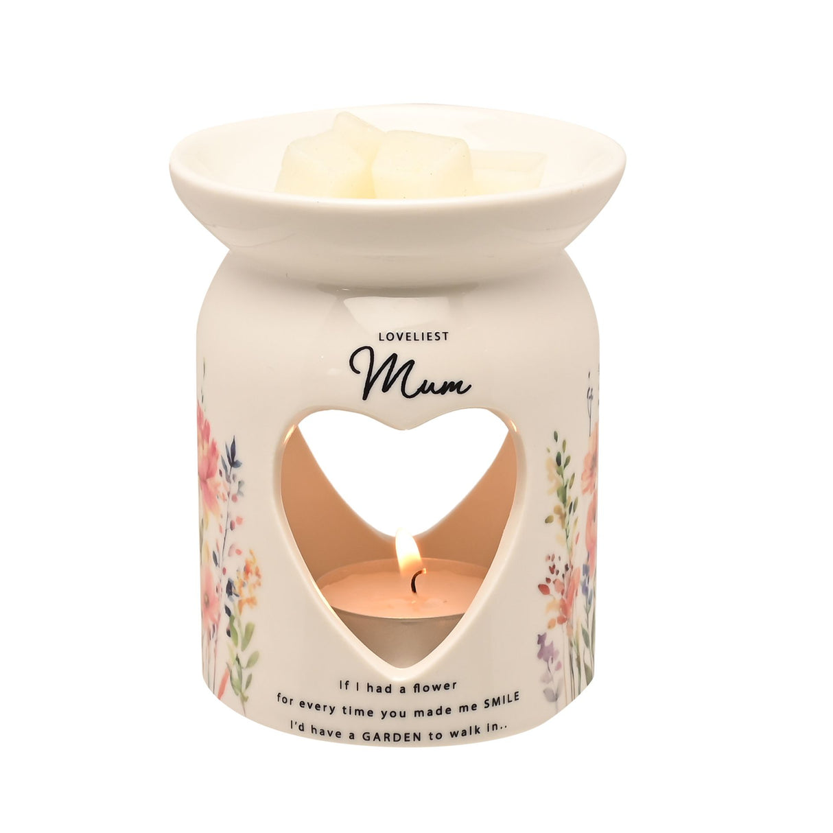 Cream ceramic wax melt burner with heart-shaped cutout, decorated with pink and purple wildflower illustrations, featuring "Loveliest Mum" text and sentimental message, with lit tealight candle visible inside and melting wax in top bowl