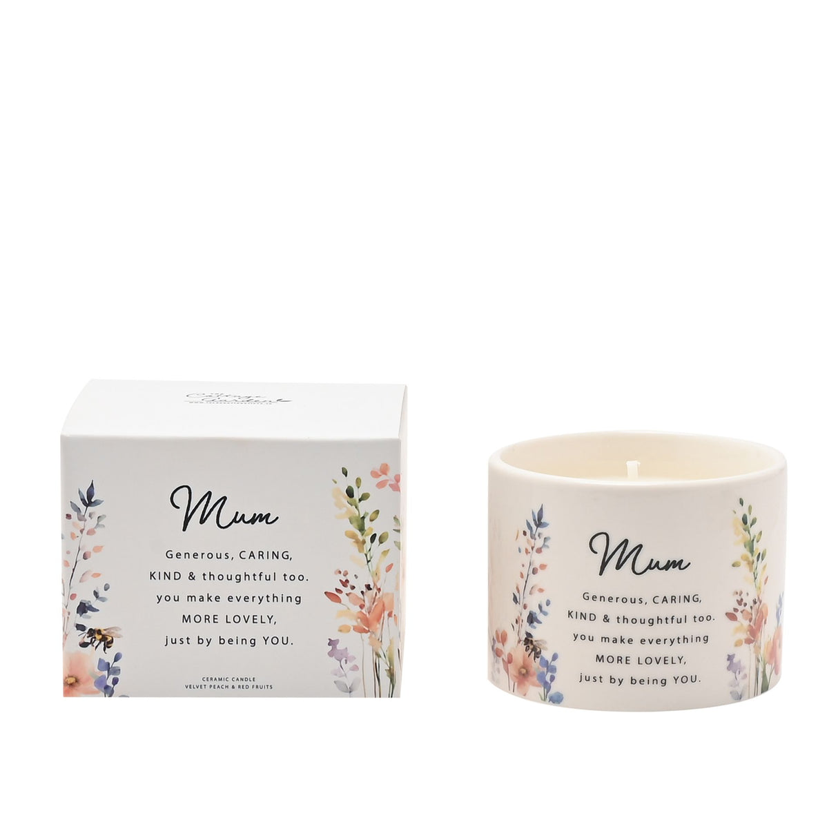 A cream ceramic candle for Mum with watercolor floral design in soft pink, blue and yellow tones, shown next to its white gift box featuring matching botanical illustrations and heartfelt message text