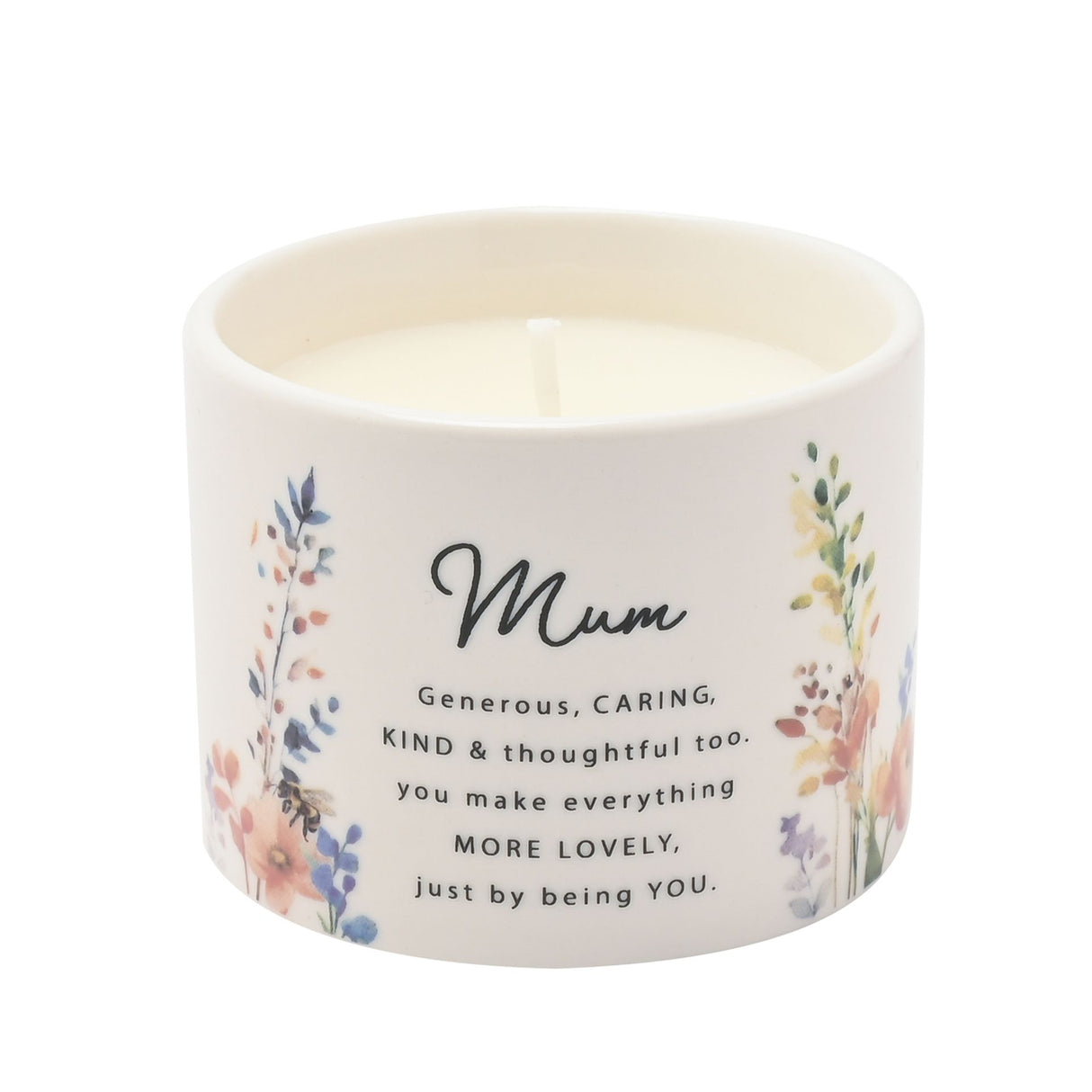 Ceramic scented candle with cream-colored container featuring watercolor floral botanical designs in soft blues, pinks and greens, with black text reading Mum and a heartfelt message about being generous, caring, kind and thoughtful