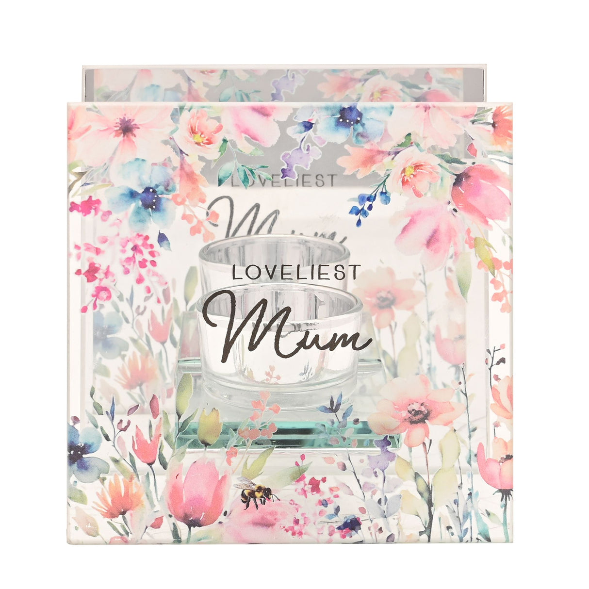 Glass tealight holder with Loveliest Mum text surrounded by watercolor floral design featuring pink, blue and purple flowers on cream packaging box with coordinating floral exterior