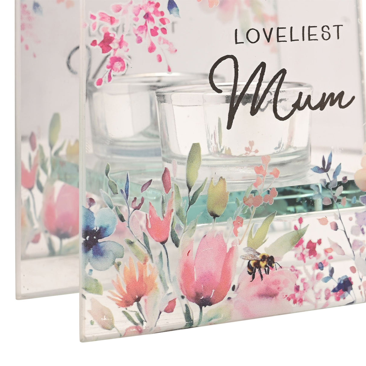 Celebrations Cottage Garden glass tealight holder featuring watercolor pink tulips and delicate flowers with a bee, displaying "Loveliest Mum" text in elegant script, includes clear glass votive cups