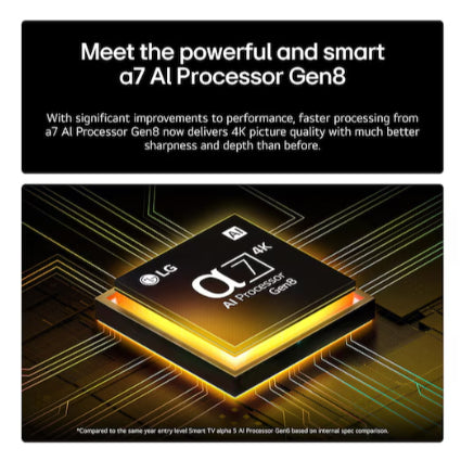 LG a7 AI Processor Gen8 chip with golden lighting on circuit board background showcasing 4K processing technology for QNED87 smart TV