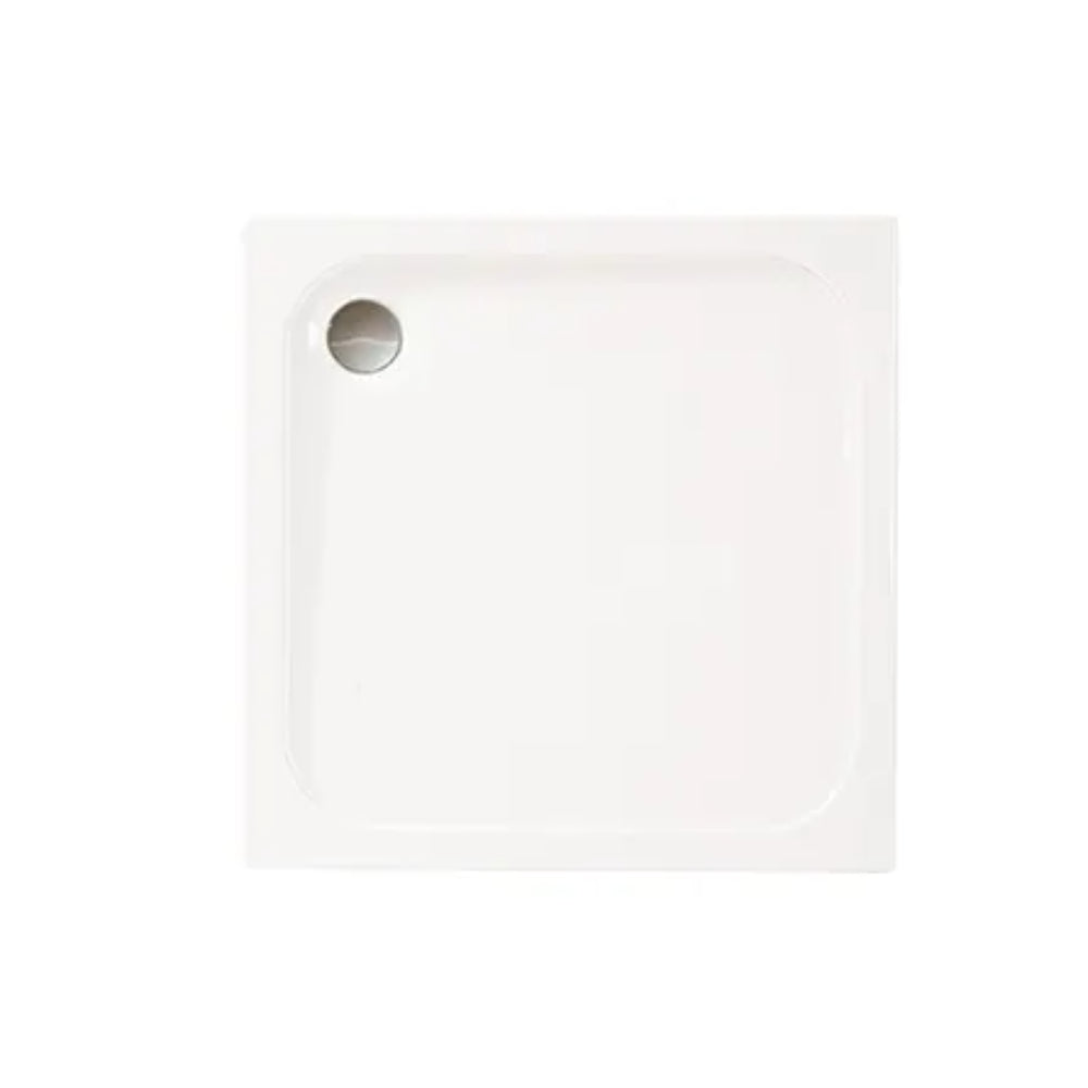 White acrylic square shower tray with 50mm height, rounded corners, and chrome drain hole cover, viewed from above at an angle