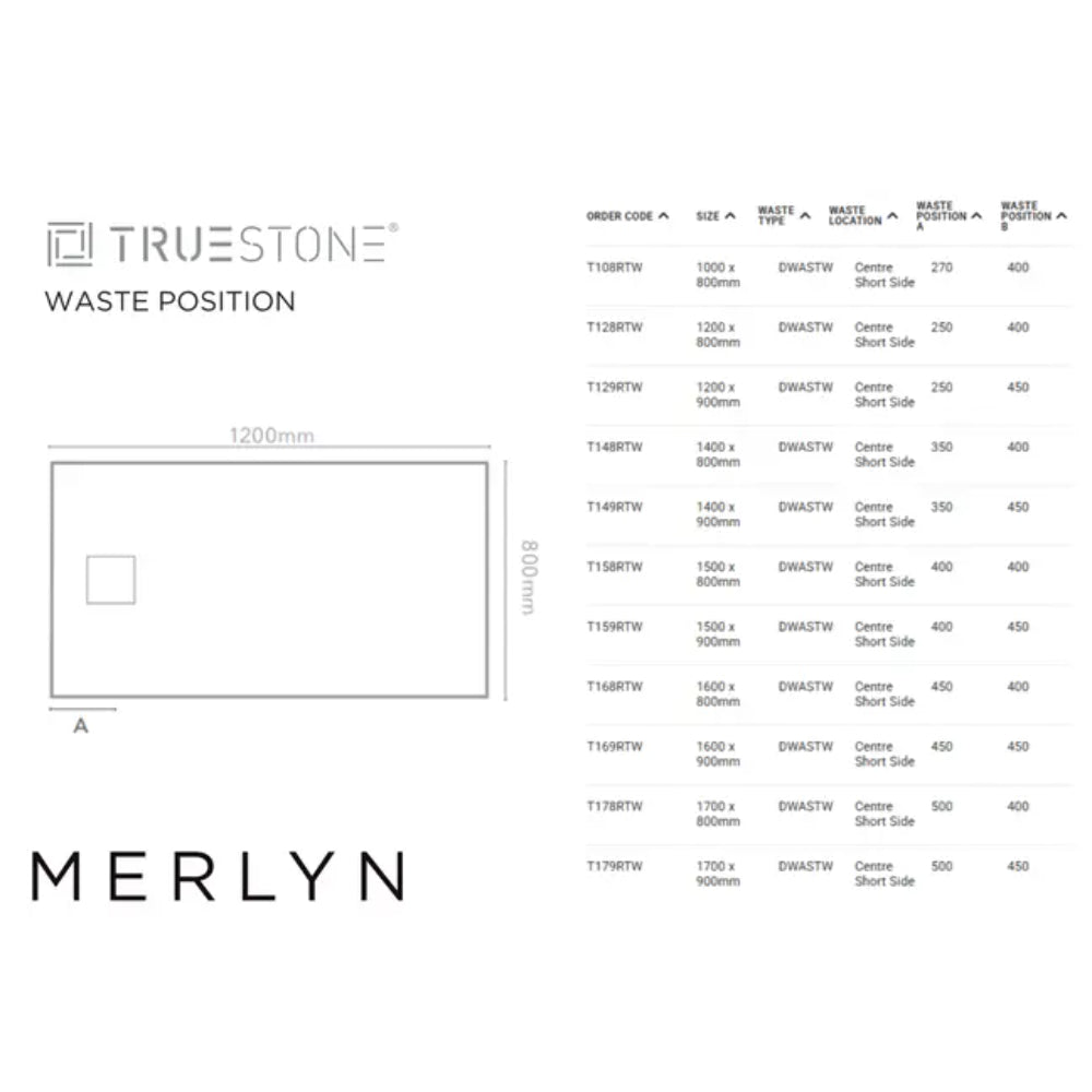 Truestone Merlyn waste position specification diagram showing rectangular shower tray dimensions from 1000mm to 1700mm width and 800mm to 900mm depth with center short side waste location measurements in millimeters