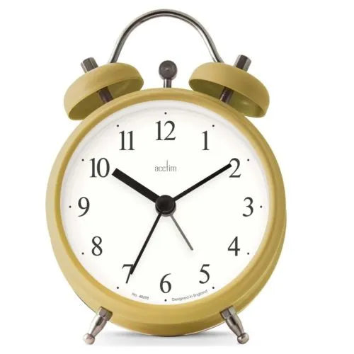 Acctim Haven Bell Alarm Clock in curry powder yellow with white dial, black hands, twin bells and metal legs, 12cm diameter
