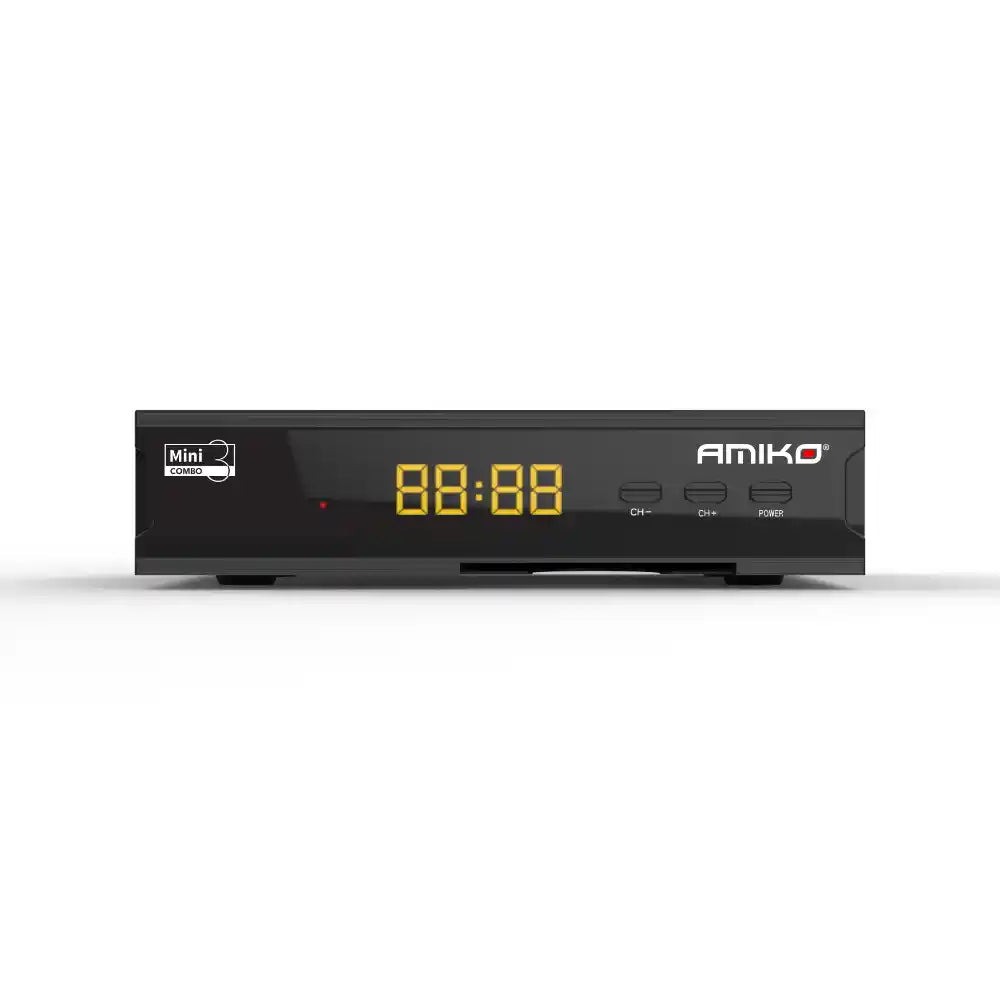 Amiko Mini Combo 3 black digital satellite and terrestrial receiver box with yellow LED display showing 88:88, featuring CH-, CH+, and POWER buttons on the front panel