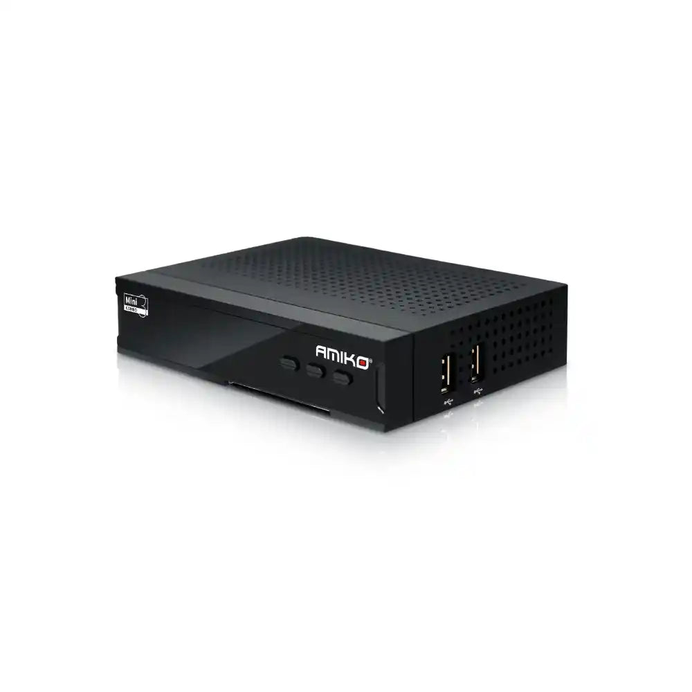 Amiko Mini Combo 3 black HD 4K satellite and Saorview receiver box with perforated top panel and front control buttons