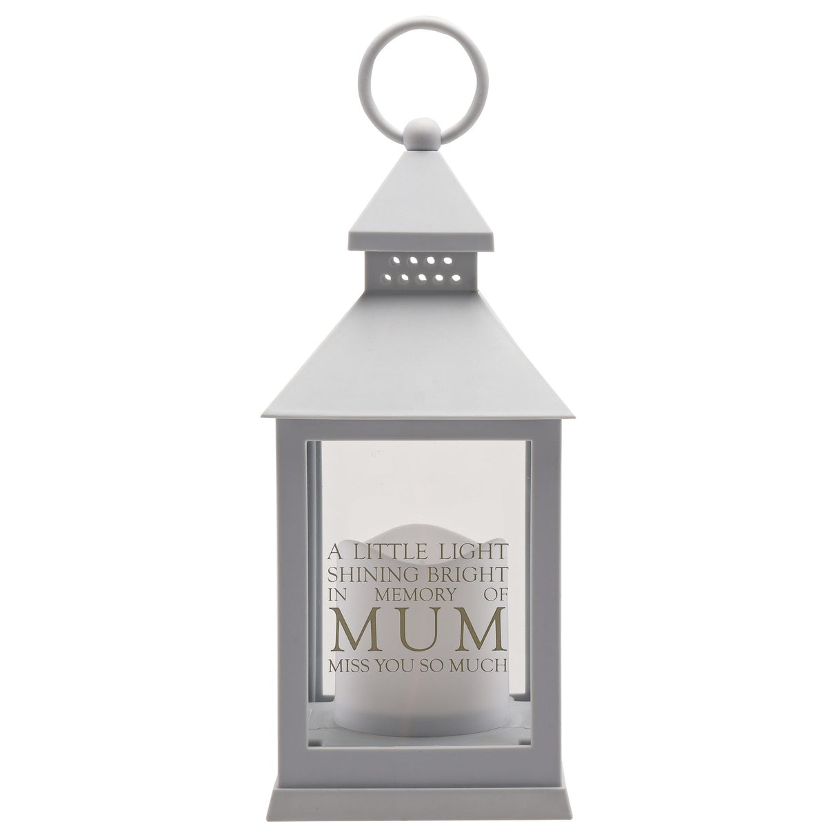 Grey metal graveside lantern with conical roof and ring handle, featuring a frosted white candle inside behind clear glass panels, engraved with "A little light shining bright in memory of MUM Miss you so much" text in grey lettering