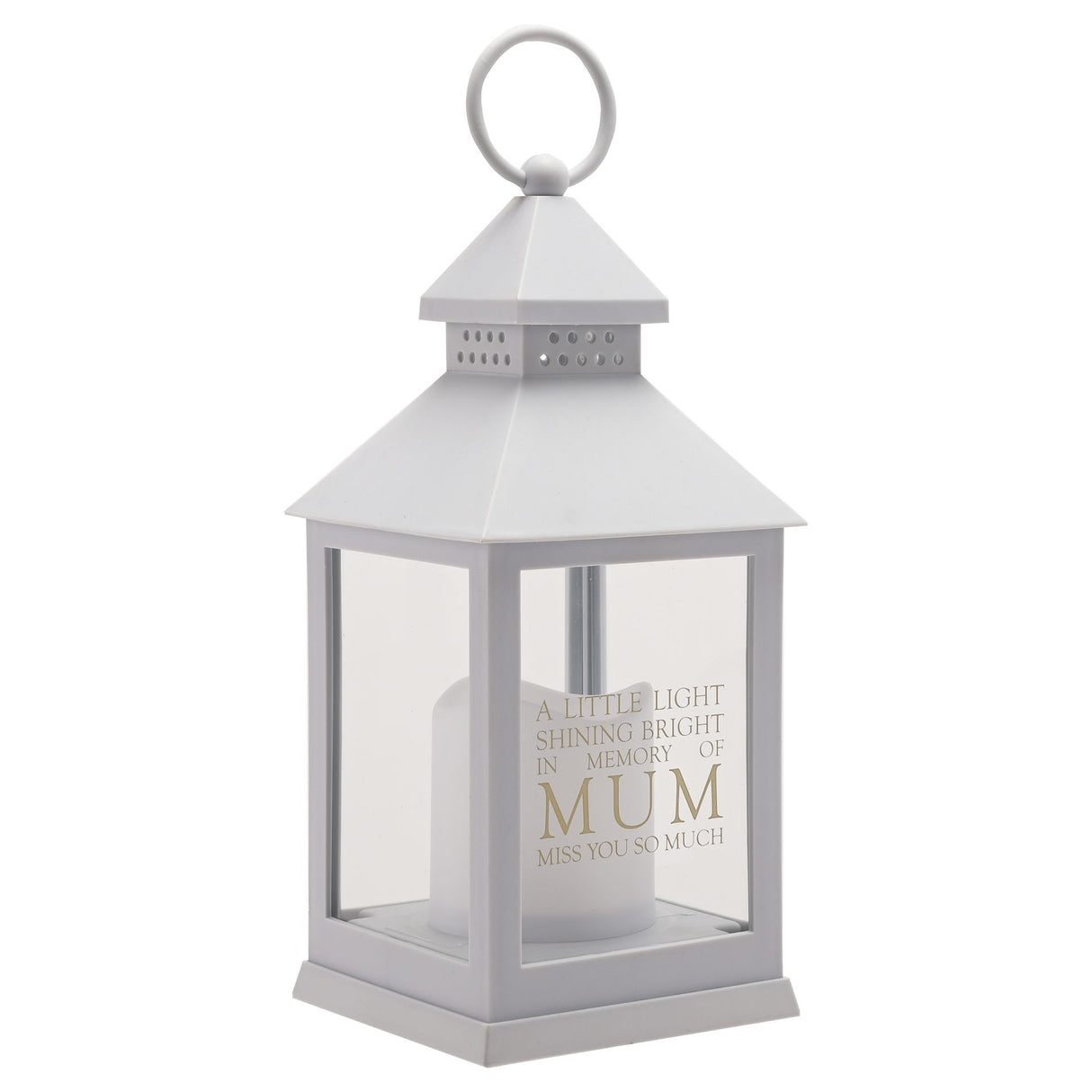 Grey memorial lantern with clear glass panels and white LED candle inside, featuring engraved text reading "A little light shining bright in memory of MUM miss you so much", topped with a conical roof and carrying handle