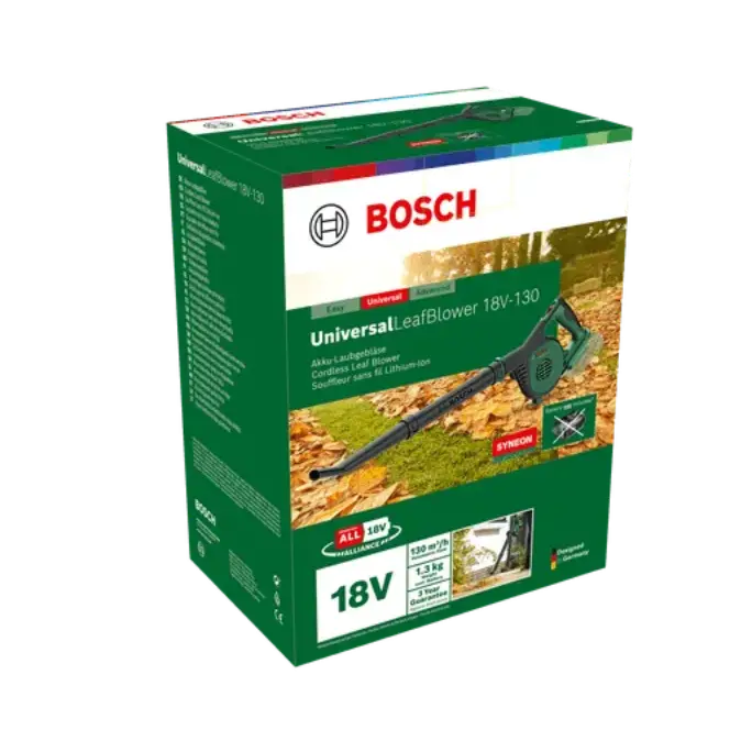 Bosch Universal LeafBlower 18V-130 cordless garden leaf blower in green and black with 18V battery and charger shown in product packaging box
