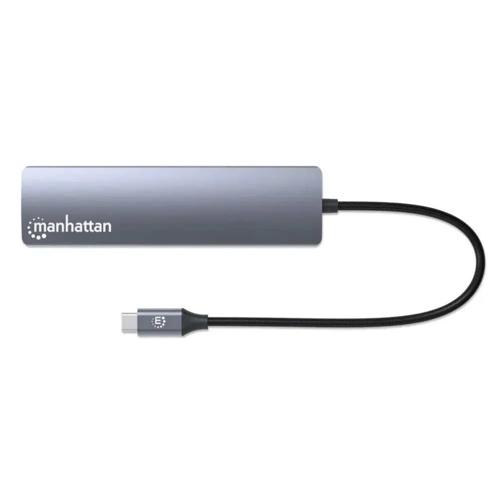 Manhattan USB-C 7-in-1 docking station with gray cylindrical body and black braided cable connector shown on white background