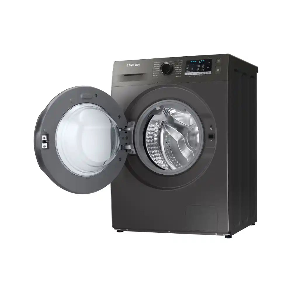 Samsung Series 5 Ecobubble 8kg washing machine and 5kg dryer combo in graphite with open door showing drum and control panel
