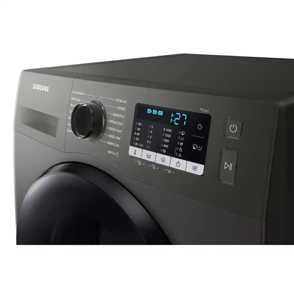 Samsung Series 5 Ecobubble graphite washer dryer combo with digital display showing 4:27 time, control knob and touch buttons on front panel