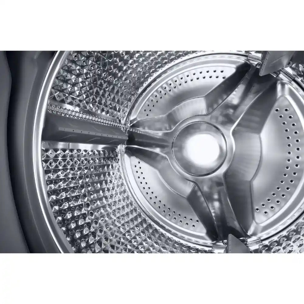 Close-up view of Samsung Series 5 Ecobubble washer dryer drum interior showing stainless steel perforated tub with textured surface and central agitator in graphite finish