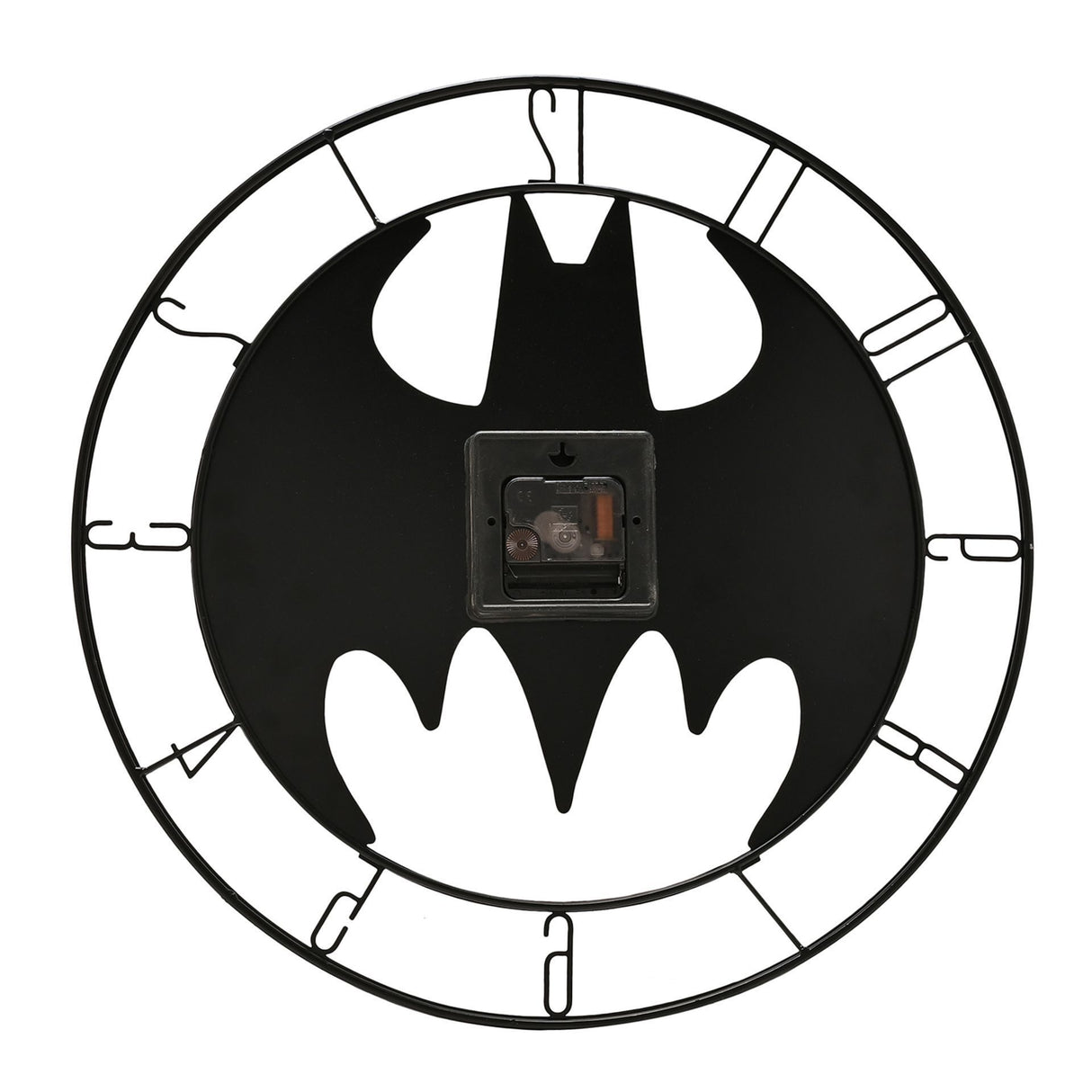 Batman symbol metal wall clock with black bat emblem on white face, roman numerals on outer ring, visible clock mechanism in center, and decorative scalloped border design