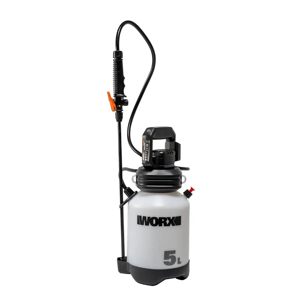 WorX 20V cordless sprayer with white 5L tank, black pump head and trigger handle, featuring orange safety switch and red pressure valve