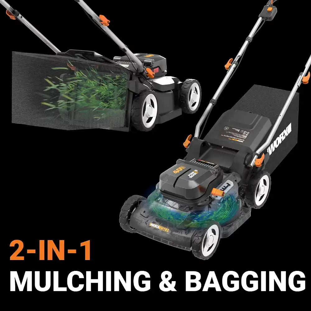 Worx 40V 41cm cordless lawnmower in black and orange with mulching and bagging capability, shown with two 4.0Ah batteries, charger, and adjustable cutting height handles against black background