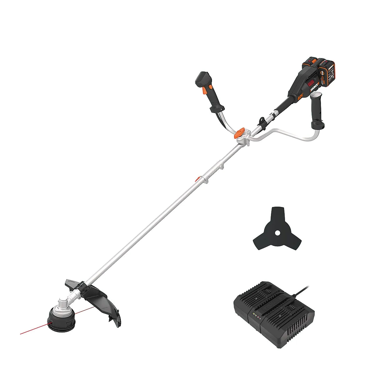 WorX 40V cordless brushcutter strimmer kit showing black and orange motorhead with silver shaft, cutting head with red laser guide, two black trimmer heads, and black dual-port charger on white background