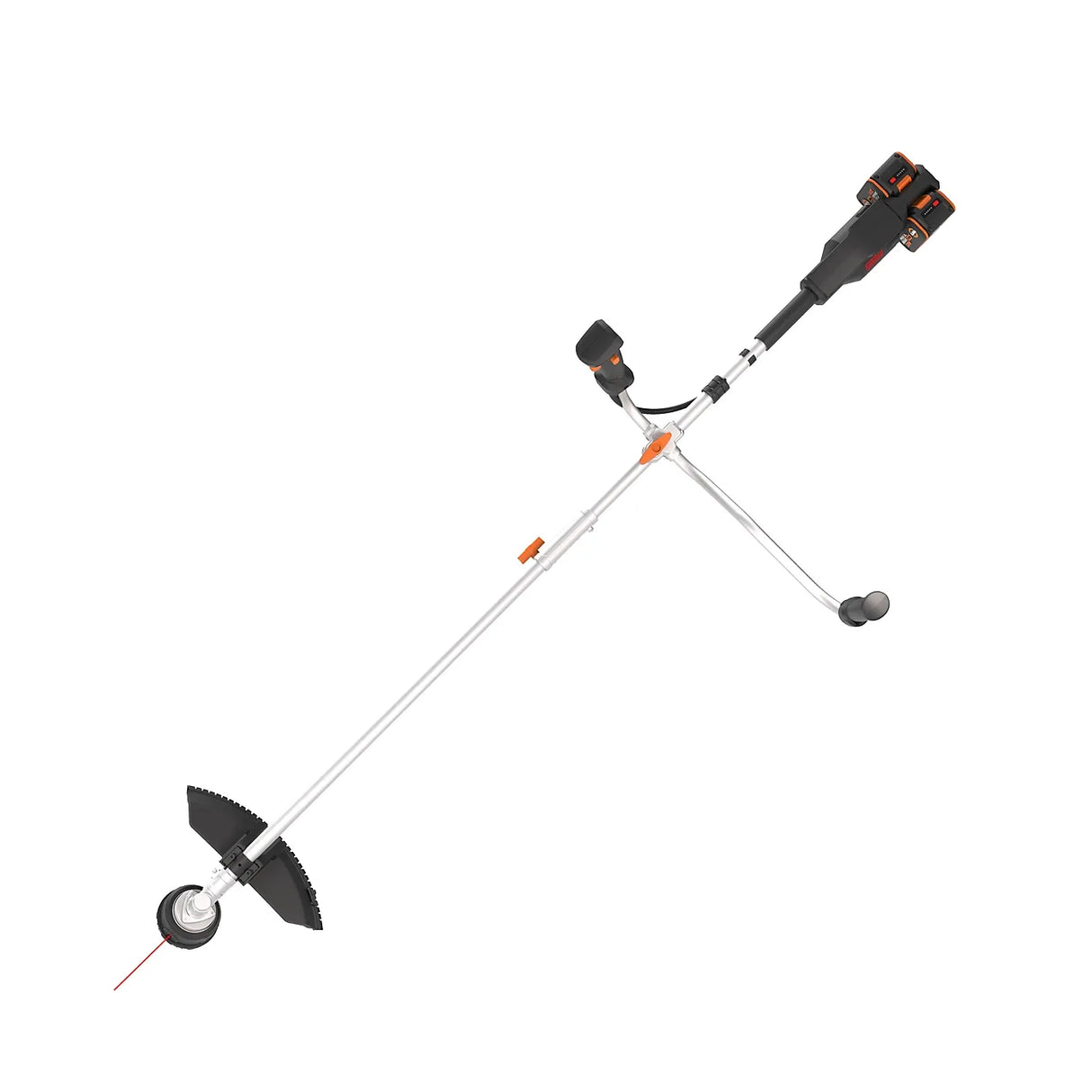 WorX 40V cordless brushcutter strimmer with silver aluminium shaft, black cutting head with dual blades, orange accents, dual battery connectors at top, shoulder strap and support wheels visible against white background