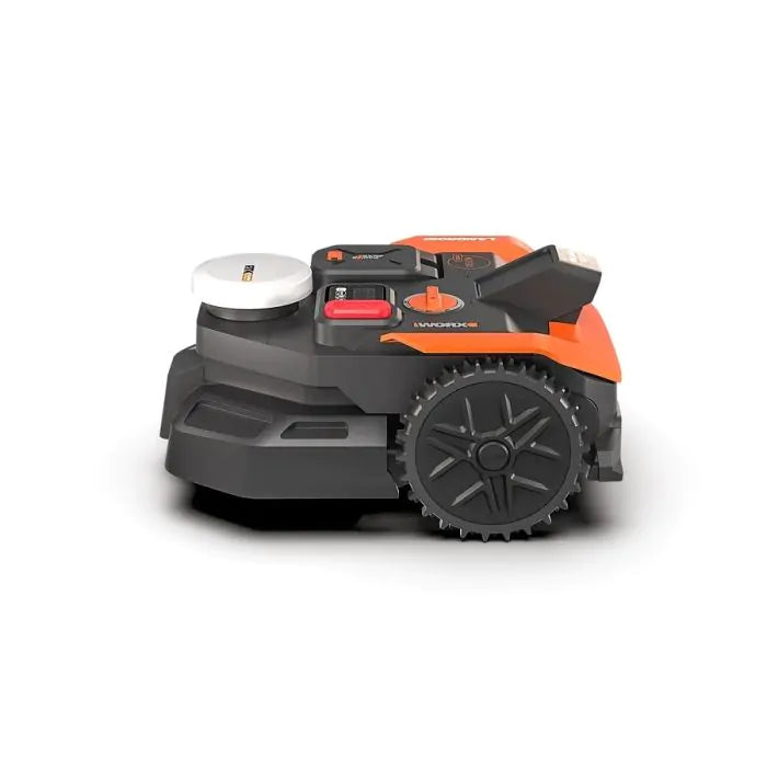 Worx Landroid Vision AI RTK robotic lawnmower with orange and black design, featuring large black wheels, control panel with red button, and white charging dock on white background