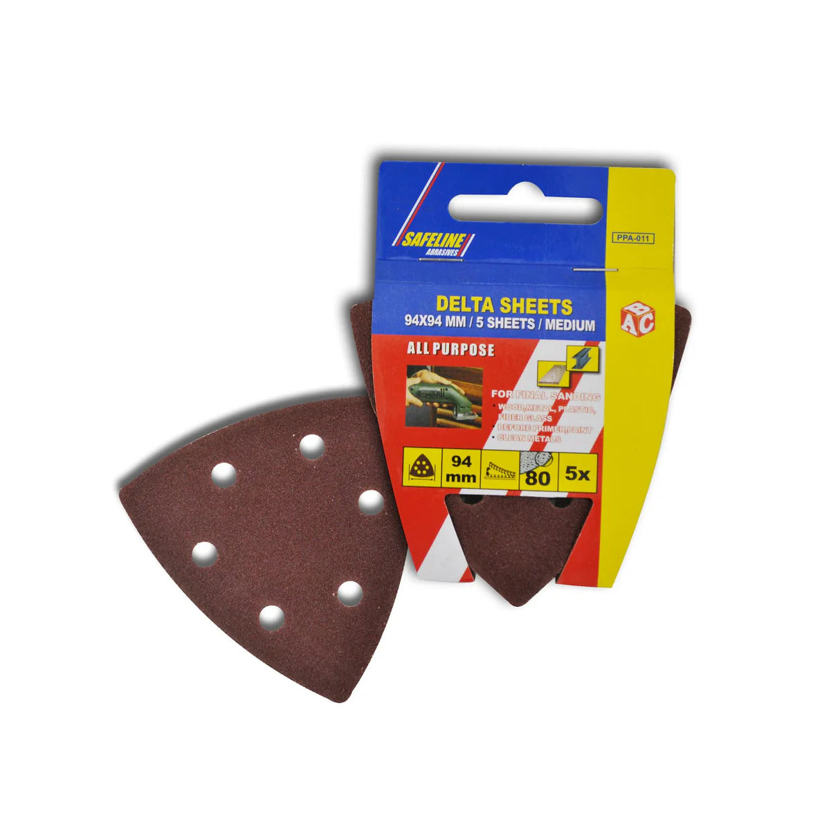 Safeline Delta Sheets 94x94mm sanding pads pack showing brown triangular abrasive sheets with pre-drilled holes displayed next to blue and yellow packaging labeled all purpose medium grit 80