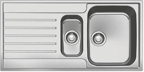 Franke Argos stainless steel 1.5 bowl inset kitchen sink with reversible drainboard, showing two round drain holes and brushed finish surface